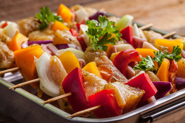 Raw beef skewers ready for grilling