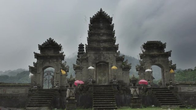 The temple Gubug Pura Gubug on the Lake Tamblingan in fog of Bali Indonesia