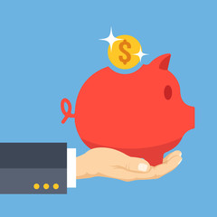 Obraz premium Hand palm holding piggy bank with shiny gold coin. Money box, savings, investment concepts. Modern flat design vector illustration