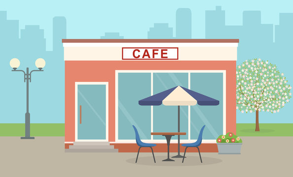 Cafe building on city background. Flat style, vector illustration. 
