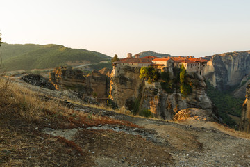 Beautiful morning view on the Holy Monastery of Varlaam on the edge of high rock. Kastraki, Greece