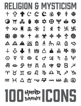 Set of 100 Religion and Mysticism hand drawn / doodled icons. You can see religion and zodiac signs and more! Grouped, ready to quick use!