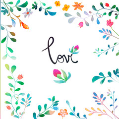Fototapeta na wymiar Vector Watercolor Floral background With Hand Painted Leaves. Watercolor Leaf Branch backdrop. Text Frame. Template for wedding, valentine day, mothers day, birthday, invitations.