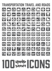 Set of 100 Transportation themed hand drawn / doodled icons. You can see various vehicles, street signs and more. Grouped, ready to quick use!