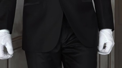 Torso of a man wearing a tuxedo with white gloves moves on camera. Slow motion - Powered by Adobe