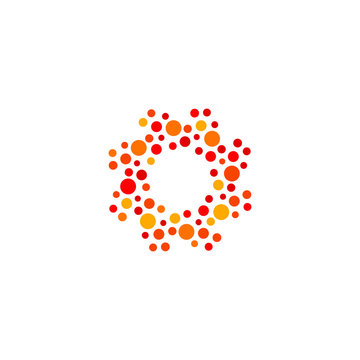 Isolated abstract round shape orange and red color logo, dotted stylized sun logotype on white background vector illustration