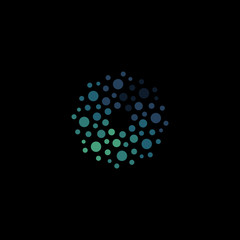 Isolated abstract round shape blue color logo, dotted logotype, water element vector illustration on black background