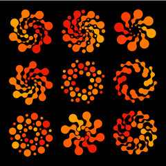 Isolated abstract round shape orange color swirl logo set, dotted stylized sun logotype collection on black background, flower vector illustration