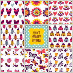 Set of eight simple seamless patterns. Illustrations with flowers, butterflies and beetles