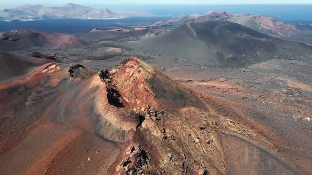 Flying over volcano near Timanfaya National Park, Lanzarote, Canary islands