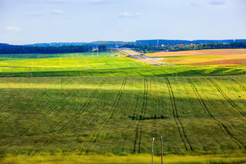 Meadows and fields. Green rural area under blue sky. Summer landscape. Minsk region, Belarus.