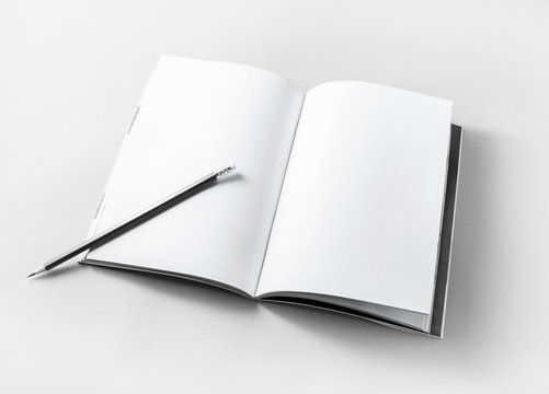 Blank opened book and pencil on paper background. Template for placing your design. Responsive design mockup.