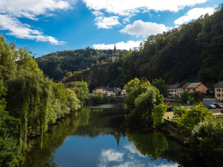 Fototapeta na wymiar View of Vianden castle and our river in Luxembourg