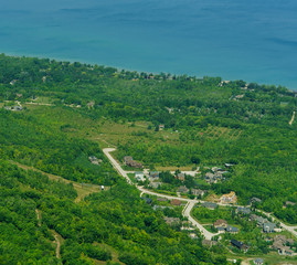 Aerial view of residential suburb by lake, Toronto, Ontario, Canada.