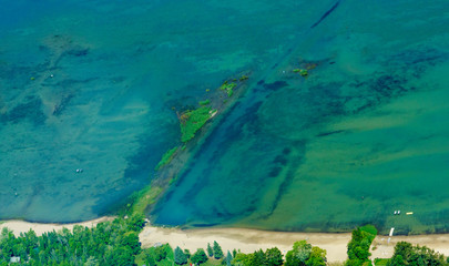 Aerial view of beach landform off coast shore, Toronto, Ontario, Canada.