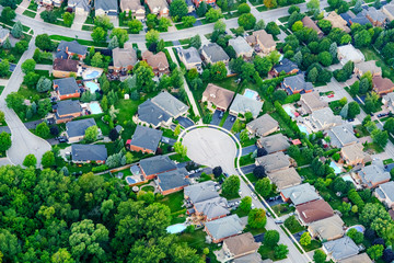 Aerial view of houses in residential suburb, Toronto, Ontario, Canada.