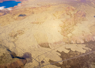 Aerial view of landscape and large expanse of water, Iceland, Europe.