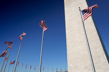 Close up of Washington obelisk encircled with flags, Washington DC, USA, United States of America.