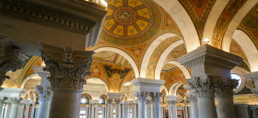 Capitol building interior showing ornately decorative ceiling features, Washington DC, USA.
