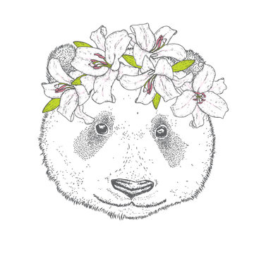 A beautiful bear in a wreath of lilies. Sweet panda in a flower wreath. Vector illustration for a postcard or a poster, print for clothes.