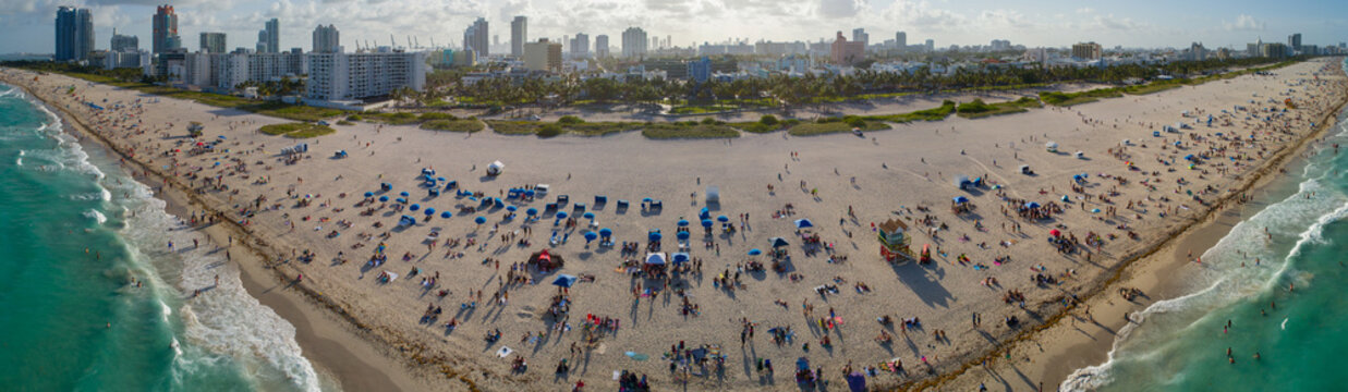 Aerial panoramic image of Miami BEach Memorial Day Weekend
