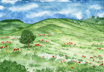 Watercolor landscape with hills and meadow with a lone tree.