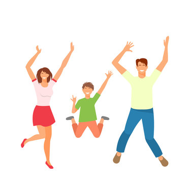 Father, Mother and Son Jumping. Happy Active Family Isolated