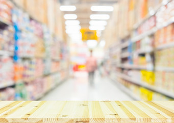 Supermarket or retail store blur background. That is a self-service shop offer grocery and variety of food, beverage and household product on shelf or rack. For shopping background or product display.
