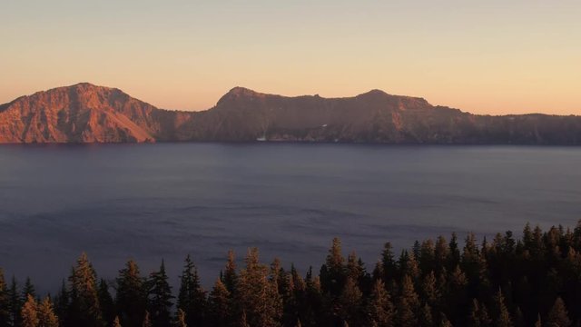 Oregon Aerial v13 Flying low around Crater Lake area at sunset with panoramic views