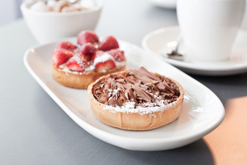 Chocolate flan with strawberry flan