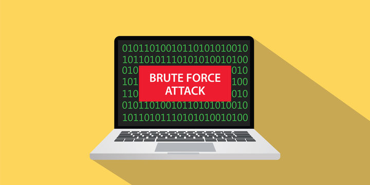 brute force attack concept illustration with laptop comuputer and text banner on screen with flat style and long shadow