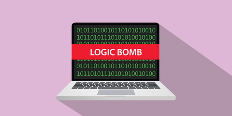 logic bomb concept illustration with laptop comuputer and text banner on screen with flat style and long shadow