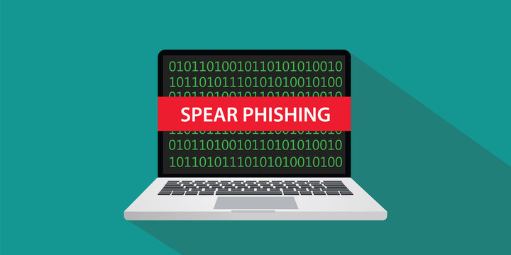 Spear Phishing Concept Illustration With Laptop Comuputer And Text Banner On Screen With Flat Style And Long Shadow