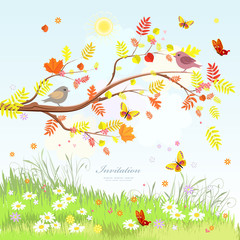 cute greeting card with lovely scenery autumn branch tree and bu