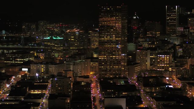 Portland Aerial v95 Flying around downtown with cityscape views at night