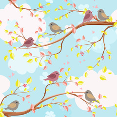 colorful seamless texture with elegant branches of tree and bird