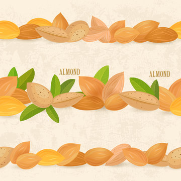collection of seamless borders with almonds on vintage backgroun
