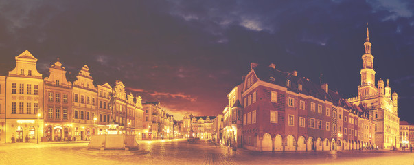 Fototapeta na wymiar Main square of the old town of Poznan, Poland,Night panorama of old town.Vintage color tone