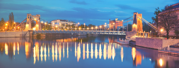 Wroclaw, Poland- Panorama of the historic and historic part of the old town,Grunwaldzki Bridge on the Oder River.Vintage color tone