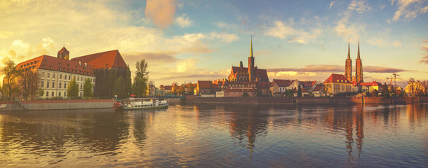 Wroclaw, Poland- Panorama of the historic and historic part of the old town "Ostrow Tumski".