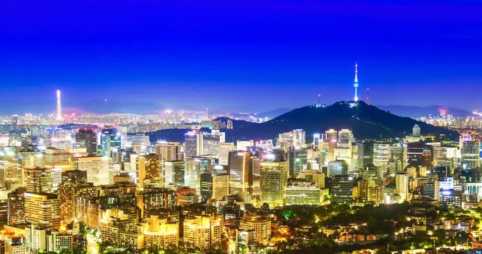 Beautiful city in night, cityscape of Seoul, South Korea, Seoul tower modern building and architecture at nighttime 