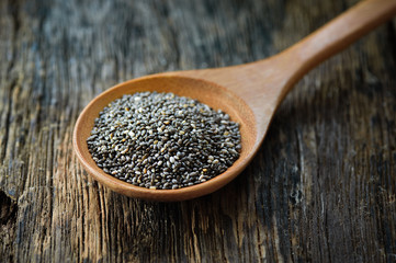 Chia seeds in wood spoon