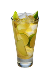 Apple cocktail with a sparkling wine with ice cubes in highball glass isolated on white