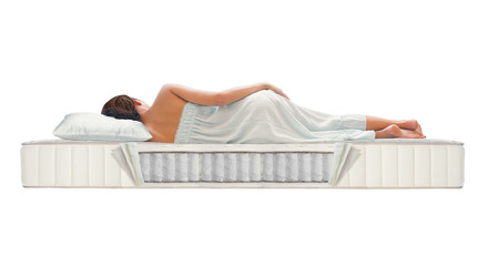 Woman sleeping on mattress - obrazy, fototapety, plakaty