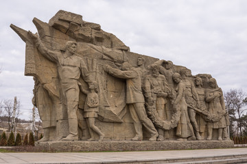 Volgograd. Russia-April 1, 2017. Memorial ensemble to the heroes of the Battle of Stalingrad, the wall bas-relief memorial complex on the Mamayev Kurgan in Volgograd