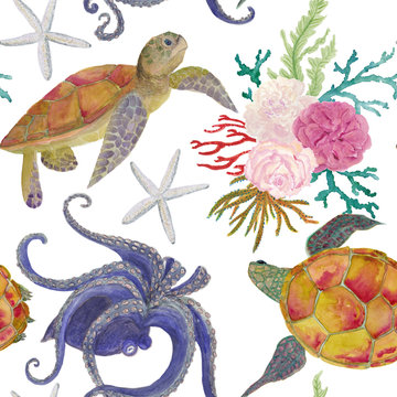 Watercolor painting seamless pattern with octopus, turtles, starfish and rose flowers, corals. Romantic background