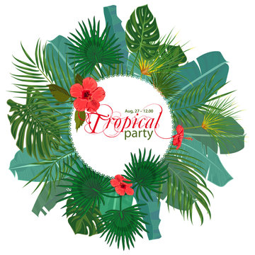 Hand drawn tropical palm leaves and jungle exotic flower flyer template on white background with seamless frame border