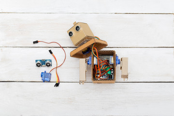 dismantled robot and detail for robot. flat lay