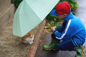 the child taking care of a kitten on the street , an umbrella sheltering him from the rain . - 160421493