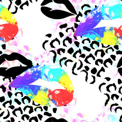 Seamless pattern leopard design. Makeup and cosmetics background with lips, stripes and watercolor effect. Textile print for bed linen, jacket, package design, fabric and fashion concepts.